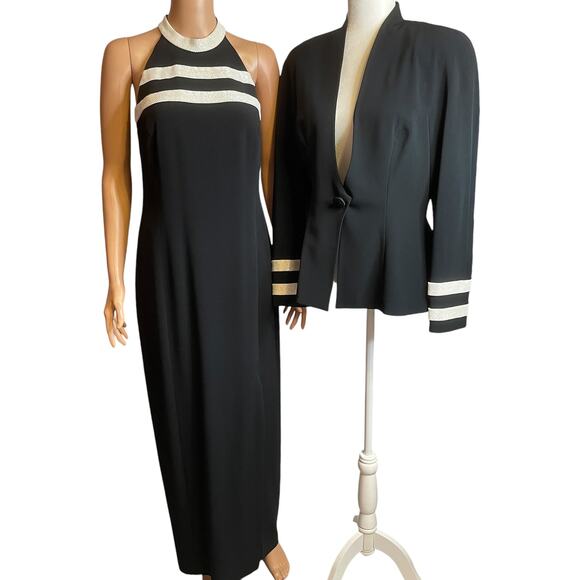 Daymor Couture Vtg Formal Black White 2 Pc Sequin Stripe Maxi Dress & Jacket 8 - Picture 3 of 13